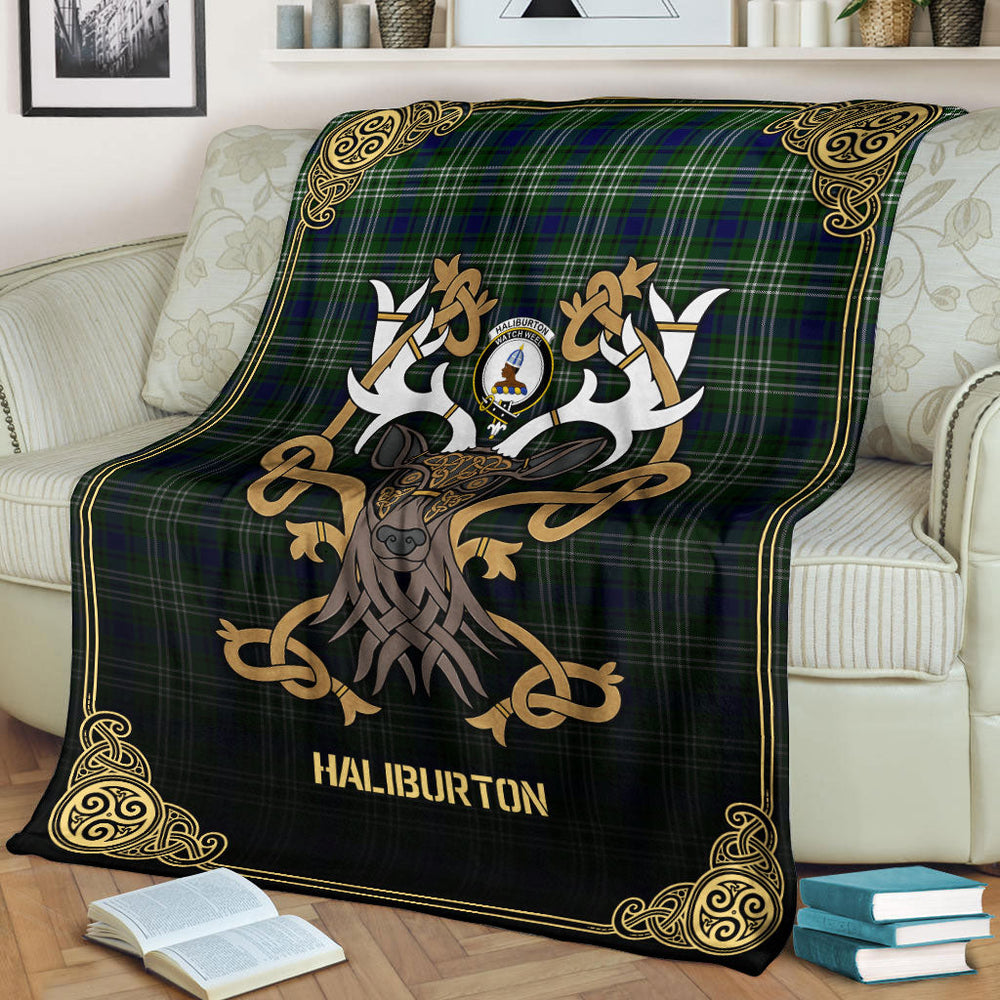 Clan Haliburton Tartan Crest Premium Blanket Celtic Stag Style AA19 Clan Haliburton Tartan Today