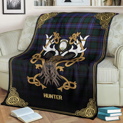 Clan Hunter Modern Tartan Crest Premium Blanket Celtic Stag Style IQ50 Clan Hunter Tartan Today