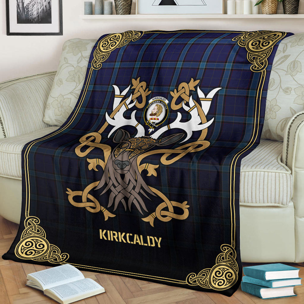 Clan Kirkcaldy Tartan Crest Premium Blanket Celtic Stag Style DU48 Clan Kirk Tartan Today