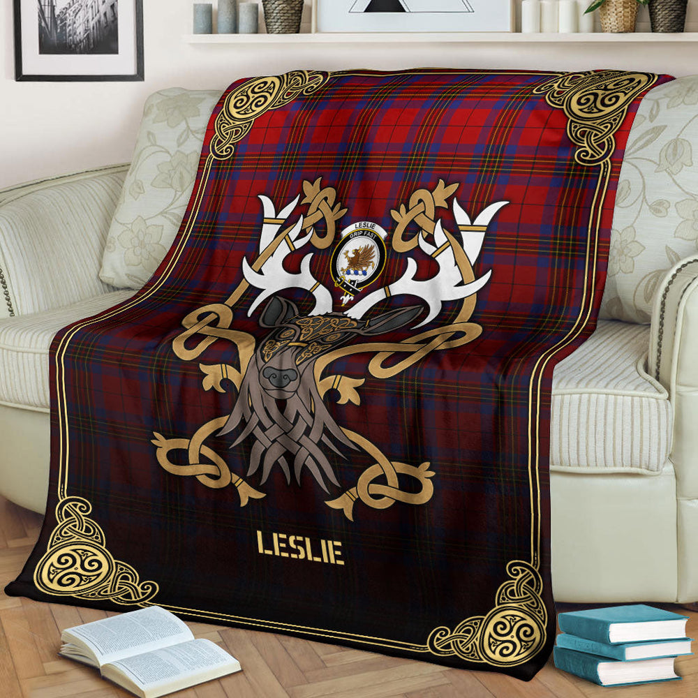 Clan Leslie Modern Tartan Crest Premium Blanket Celtic Stag Style KK37 Clan Leslie Tartan Today