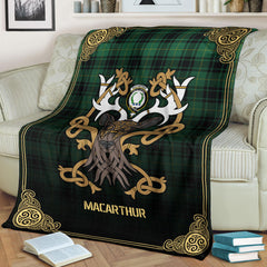 Clan MacArthur Ancient Tartan Crest Premium Blanket Celtic Stag Style WM67 Clan MacArthur Tartan Today
