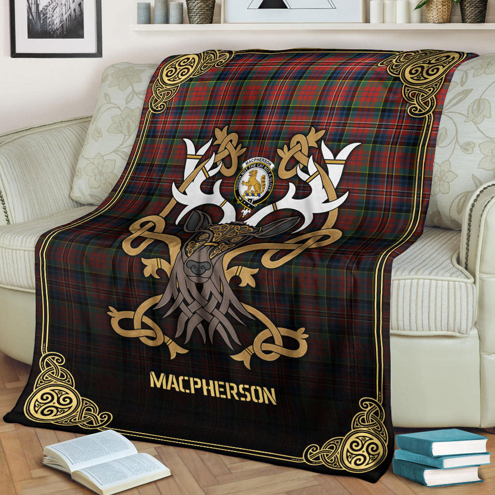 Clan MacPherson Ancient Tartan Crest Premium Blanket Celtic Stag Style OM10 Clan MacPherson Tartan Today
