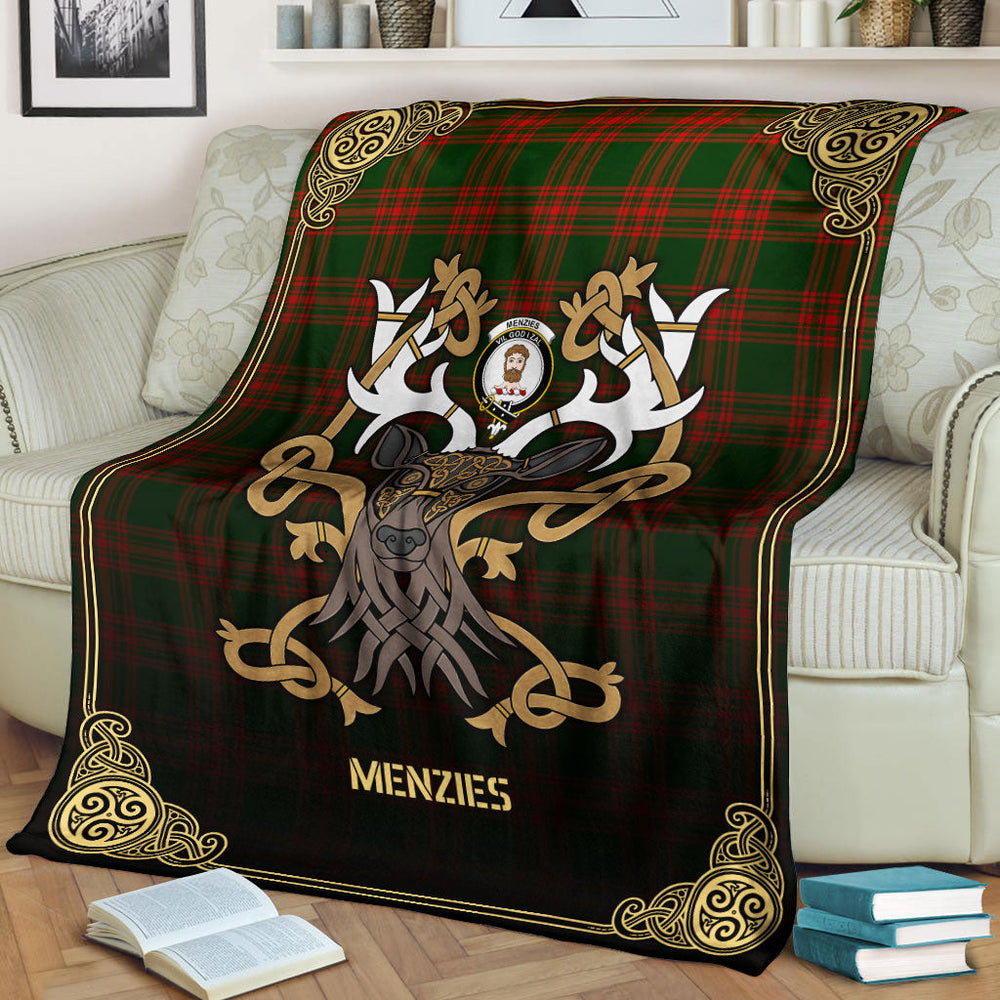 Clan Clan Menzies Green Modern Tartan Crest Premium Blanket Celtic Stag Style DC69 Clan Menzies Tartan Today