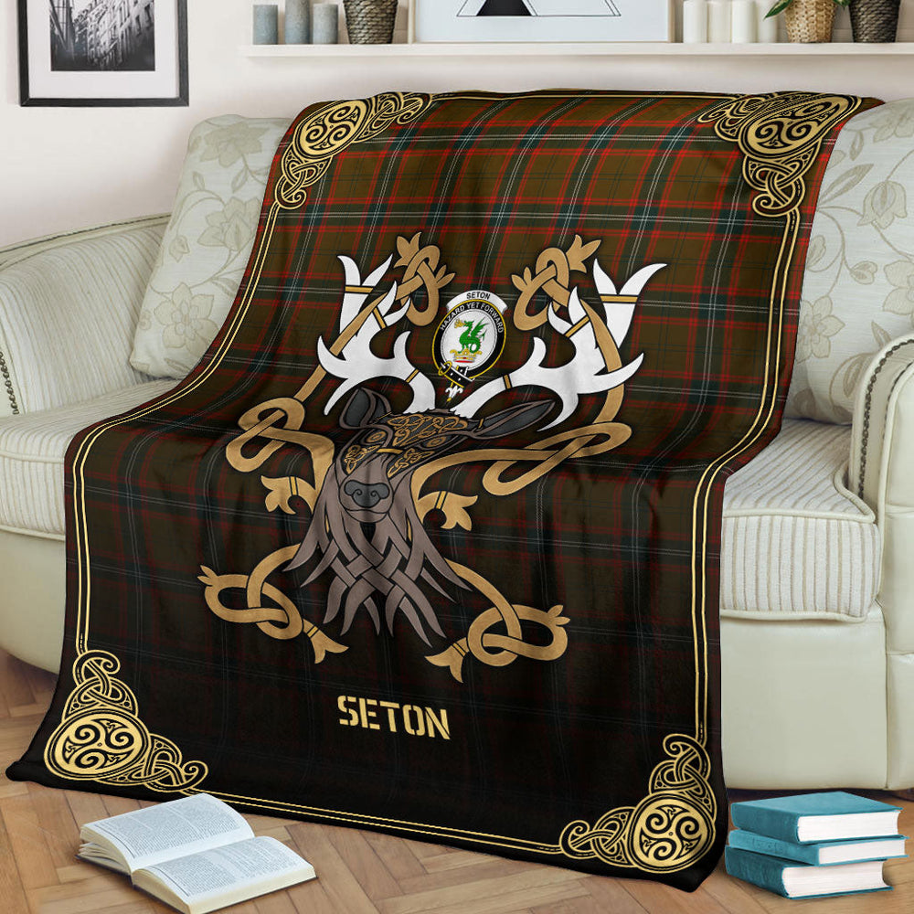 Clan Seton Hunting Modern Tartan Crest Premium Blanket Celtic Stag Style IZ73 Clan Seton Tartan Today