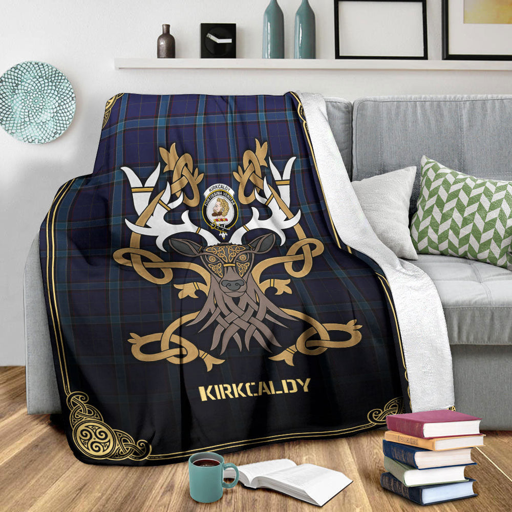 Clan Kirkcaldy Tartan Crest Premium Blanket Celtic Stag Style DU48 Clan Kirk Tartan Today