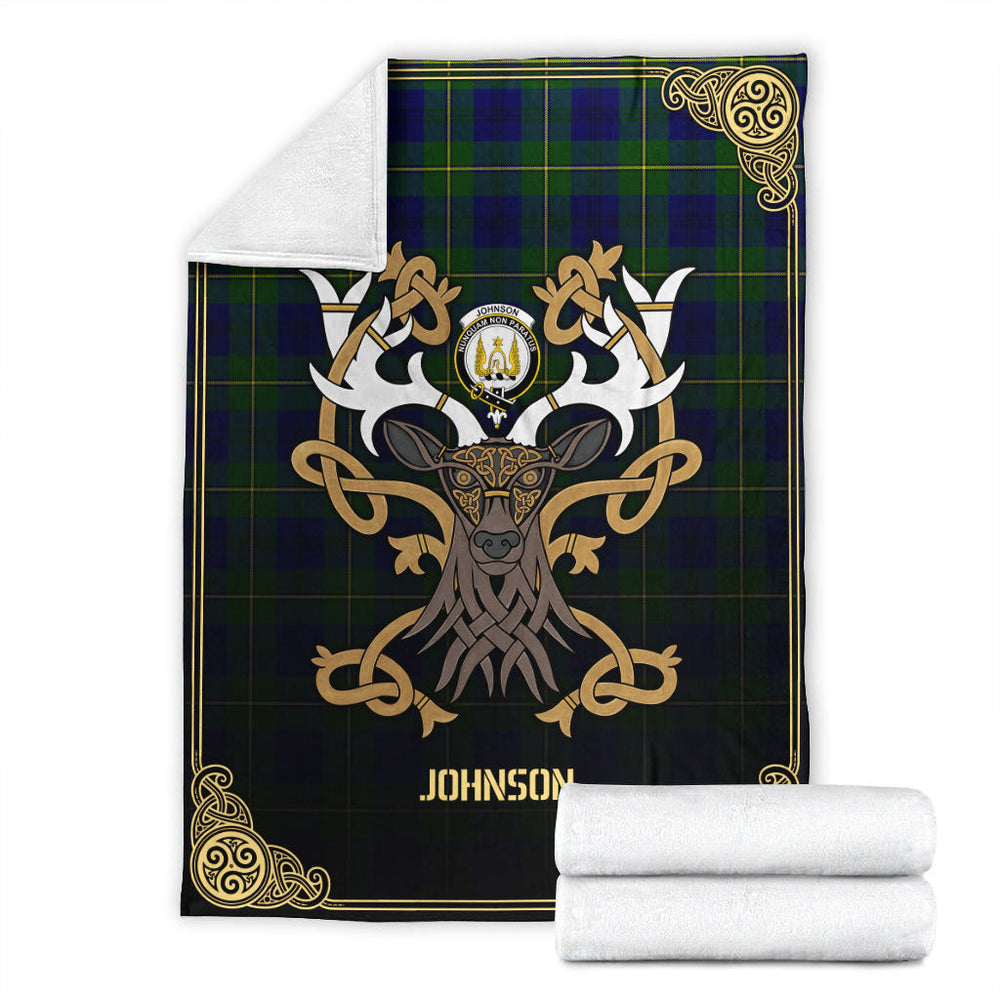 Clan Johnson Modern Tartan Crest Premium Blanket Celtic Stag Style OH55 Clan Hall Tartan Today
