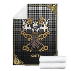 Clan Scott Black & White Modern Tartan Crest Premium Blanket Celtic Stag Style UI34 Clan Scott (Scott Tartan) Tartan Today