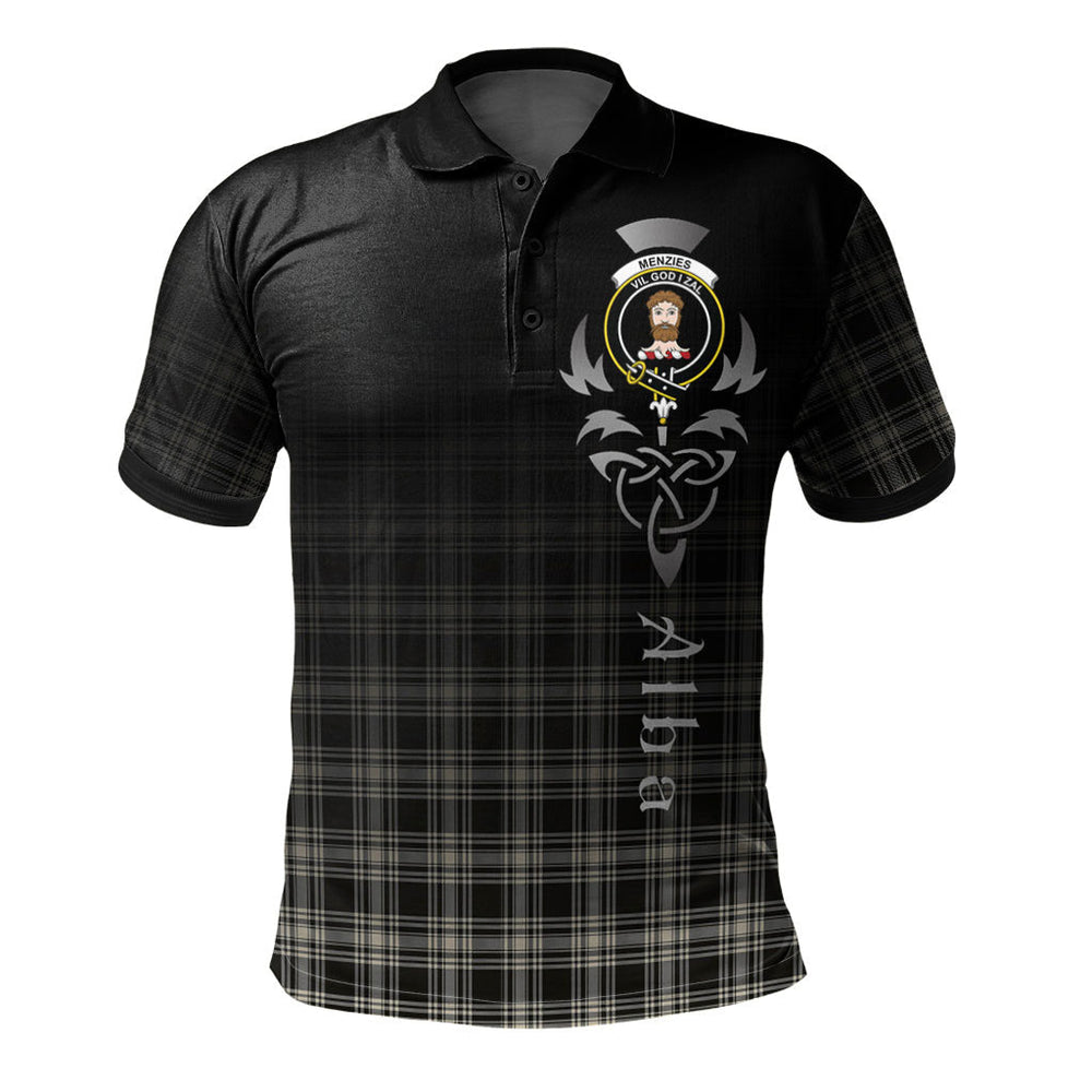 Clan Menzies Black _ White Ancient Tartan Polo Shirt - Alba Celtic Style MJ51 Menzies Black _ White Ancient Tartan Tartan Polo
