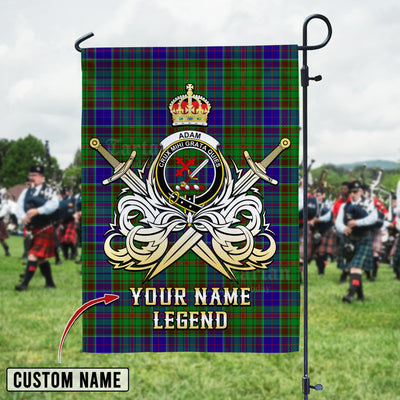Custom Name Clan Adam Tartan Garden Flag with Clan Crest and the Golden Sword of Courageous Legacy
