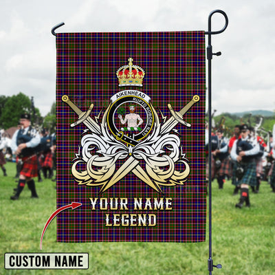 Custom Name Clan Aikenhead Tartan Garden Flag with Clan Crest and the Golden Sword of Courageous Legacy