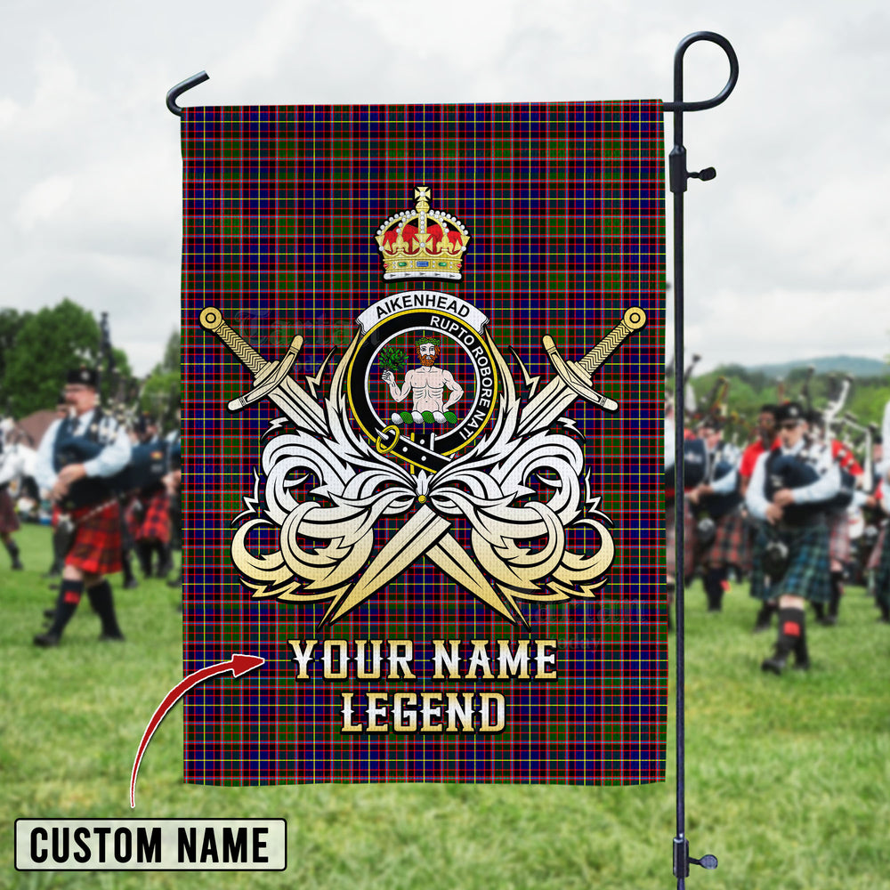 Personalized Custom Name Clan Aikenhead Tartan Garden Flag with Clan Crest and the Golden Sword of Courageous Legacy PO65 - Aikenhead Tartan Design, Scottish Heritage Gift