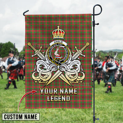 Custom Name Clan Ainslie 2 Tartan Garden Flag with Clan Crest and the Golden Sword of Courageous Legacy