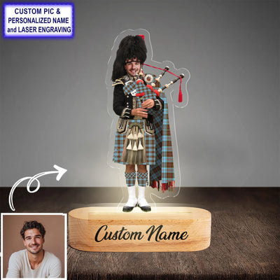 Custom Bagpipe Anderson Ancient Tartan LED Night Light - Personalized Scottish Bagpiper Figurine with Wooden Stand ZI99