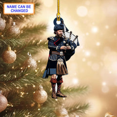 Angus District Muted Tartan Bagpipe Ornament with Custom Name