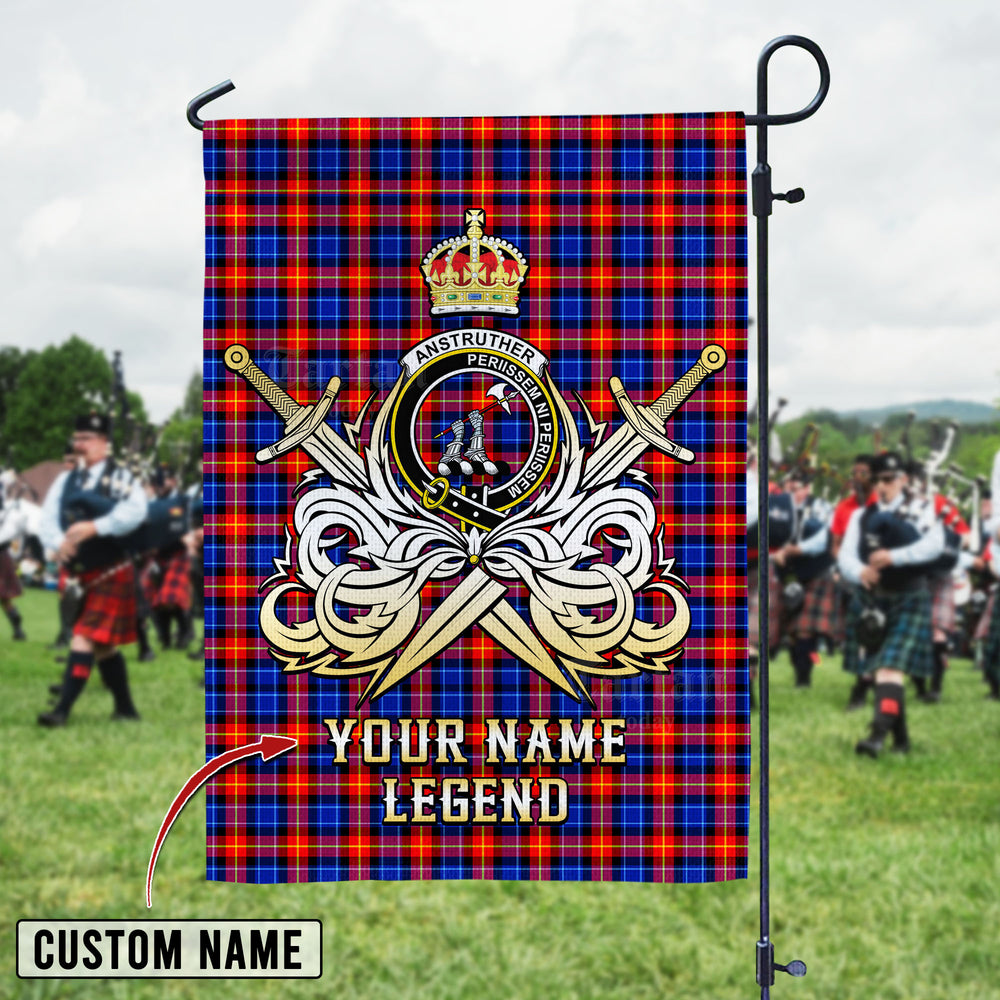 Personalized Custom Name Clan Anstruther Tartan Garden Flag with Clan Crest and the Golden Sword of Courageous Legacy MR91 - Anstruther Tartan Design, Scottish Heritage Gift