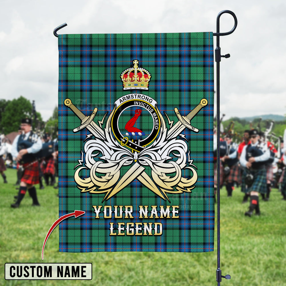 Personalized Custom Name Clan Armstrong Ancient Tartan Garden Flag with Clan Crest and the Golden Sword of Courageous Legacy GW64 - Armstrong Ancient Tartan Design, Scottish Heritage Gift