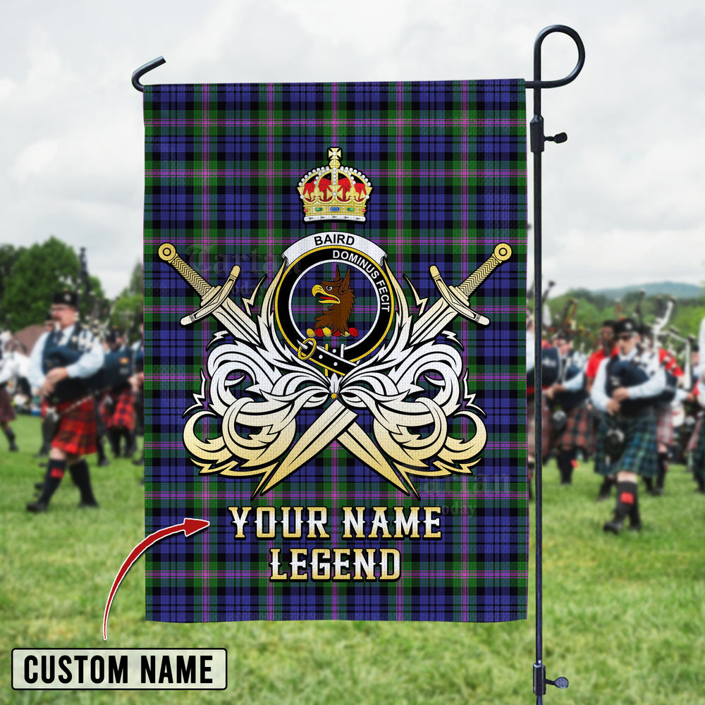 Personalized Custom Name Clan Baird Modern Tartan Garden Flag with Clan Crest and the Golden Sword of Courageous Legacy PN60 - Baird Modern Tartan Design, Scottish Heritage Gift