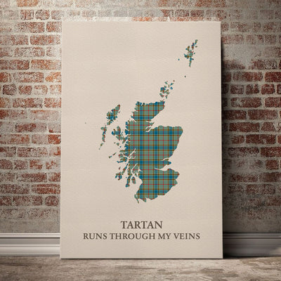 Clan Balfour Blue Tartan Scotland Map Canvas “Tartan Runs Through My Veins” Wall Art RZ11
