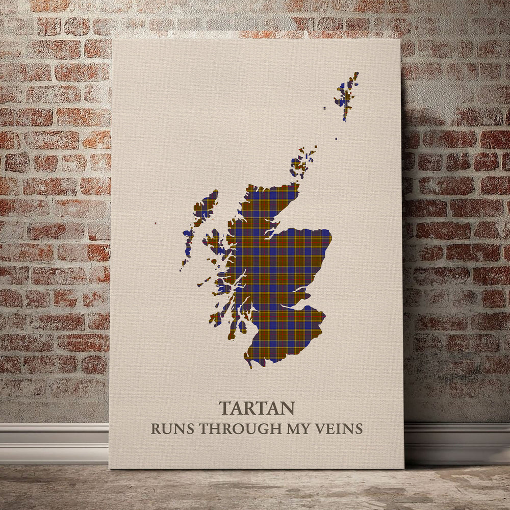 Balfour Modern Tartan Scotland Map Canvas – “Tartan Runs Through My Veins” Wall Art