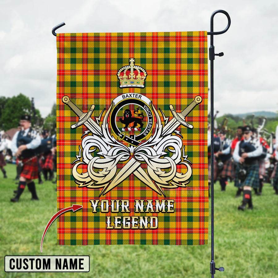 Personalized Custom Name Clan Baxter Tartan Garden Flag with Clan Crest and the Golden Sword of Courageous Legacy UV82 - Baxter Tartan Design, Scottish Heritage Gift