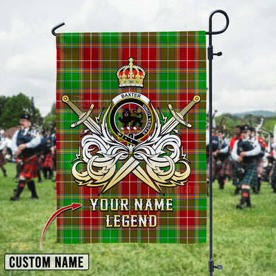 Custom Name Clan Baxter Modern Tartan Garden Flag with Clan Crest and the Golden Sword of Courageous Legacy
