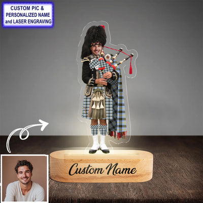 Custom Bagpipe Bell of the Borders Tartan LED Night Light - Personalized Scottish Bagpiper Figurine with Wooden Stand