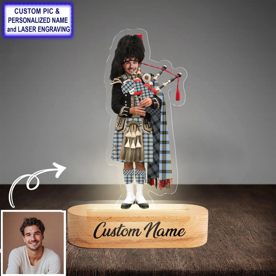 Custom Bagpipe Bell of the Borders Tartan LED Night Light - Personalized Scottish Bagpiper Figurine with Wooden Stand