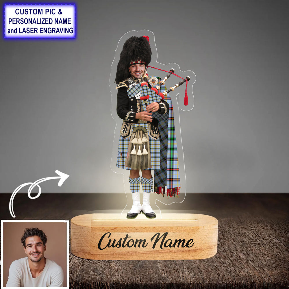 Custom Bagpipe Bell of the Borders Tartan LED Night Light - Personalized Scottish Bagpiper Figurine with Wooden Stand