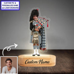 Custom Bagpipe Bell of the Borders Tartan LED Night Light - Personalized Scottish Bagpiper Figurine with Wooden Stand