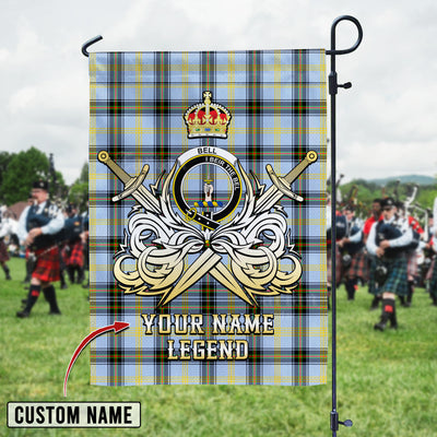 Custom Name Clan Bell of the Borders Tartan Garden Flag with Clan Crest and the Golden Sword of Courageous Legacy SG16