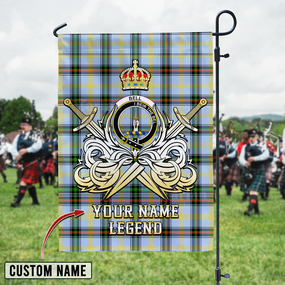 Personalized Custom Name Clan Bell of the Borders Tartan Garden Flag with Clan Crest and the Golden Sword of Courageous Legacy SG16 - Bell of the Borders Tartan Design, Scottish Heritage Gift