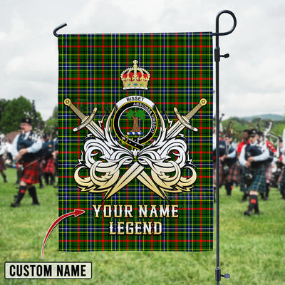 Custom Name Clan Bisset 1 Tartan Garden Flag with Clan Crest and the Golden Sword of Courageous Legacy