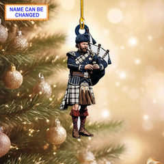 Black Watch Ground Colour Reproduction Tartan Bagpipe Ornament with Custom Name