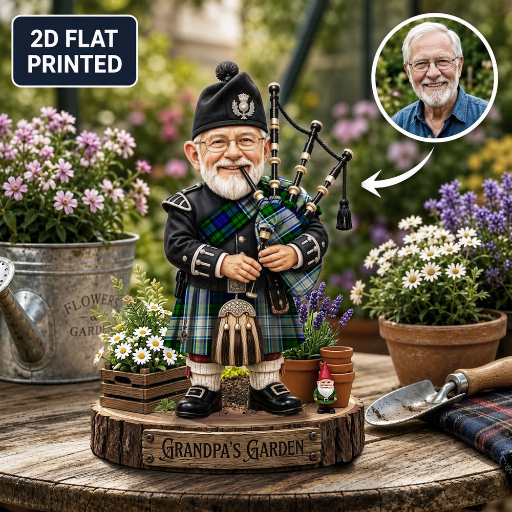 Personalized Blackwatch Dress Modern Clan Bagpipe Garden Gnome Caricature Plaque Custom Photo, Any Clan Tartan, Wood or Acrylic, Grandpa & Dad Gift, Scottish Highland Garden Decor GN30