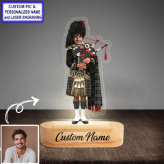 Custom Bagpipe Blackwatch Weathered Tartan LED Night Light - Personalized Scottish Bagpiper Figurine with Wooden Stand