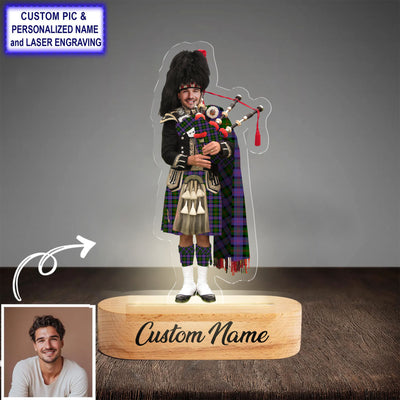 Custom Bagpipe Blair Modern Tartan LED Night Light - Personalized Scottish Bagpiper Figurine with Wooden Stand