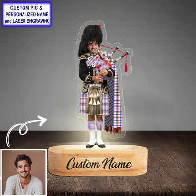 Custom Bagpipe Boswell Modern Tartan LED Night Light - Personalized Scottish Bagpiper Figurine with Wooden Stand