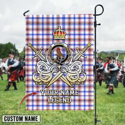 Custom Name Clan Boswell Modern Tartan Garden Flag with Clan Crest and the Golden Sword of Courageous Legacy