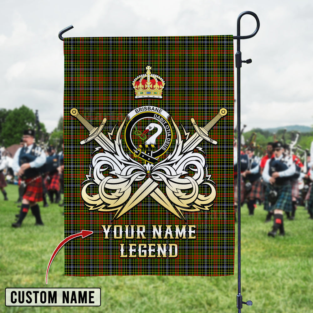 Personalized Custom Name Clan Brisbane Tartan Garden Flag with Clan Crest and the Golden Sword of Courageous Legacy HS48 - Brisbane Tartan Design, Scottish Heritage Gift