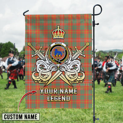 Custom Name Clan Bruce Ancient Tartan Garden Flag with Clan Crest and the Golden Sword of Courageous Legacy
