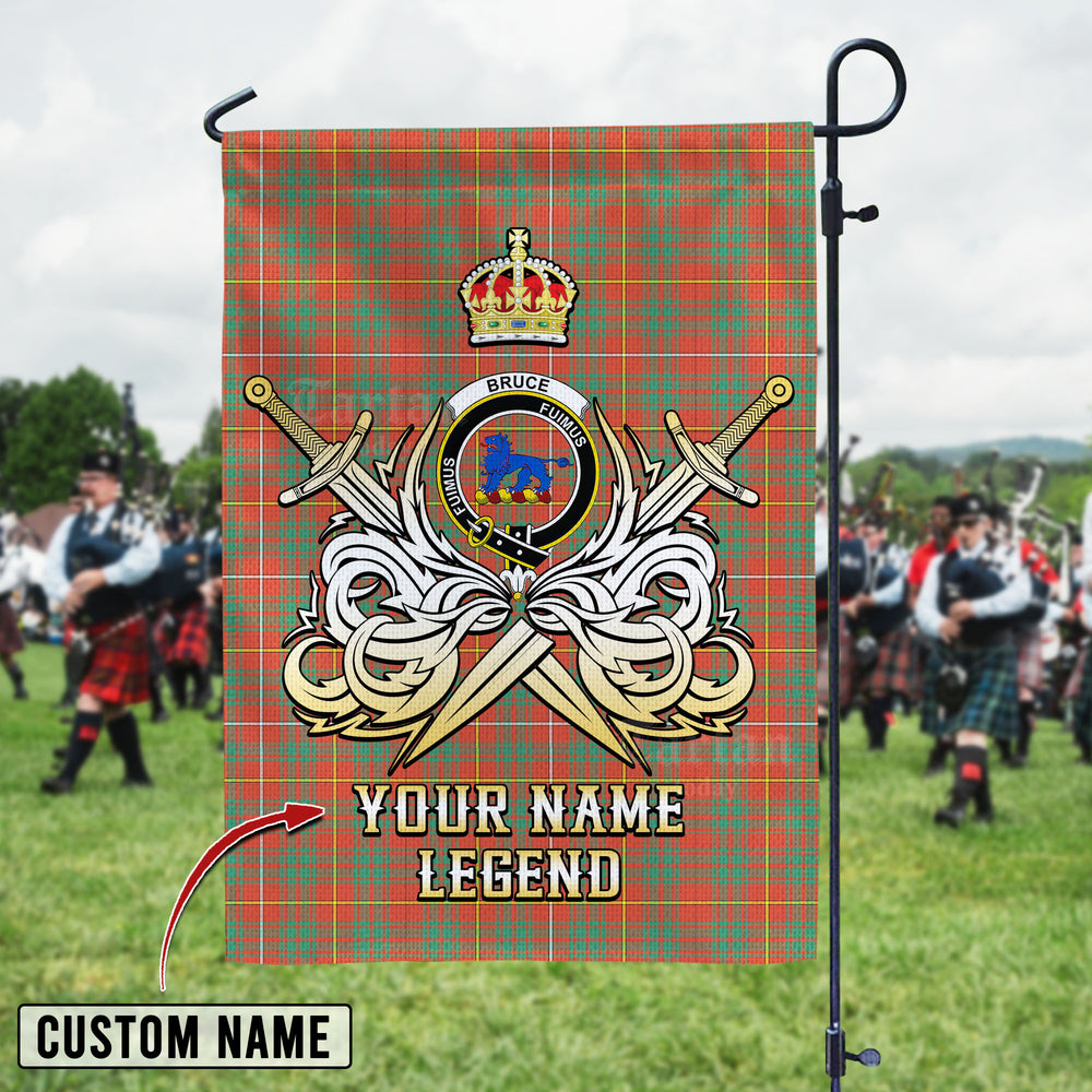 Personalized Custom Name Clan Bruce Ancient Tartan Garden Flag with Clan Crest and the Golden Sword of Courageous Legacy LS58 - Bruce Ancient Tartan Design, Scottish Heritage Gift