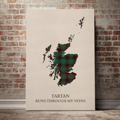 Buchan Ancient Tartan Scotland Map Canvas – “Tartan Runs Through My Veins” Wall Art
