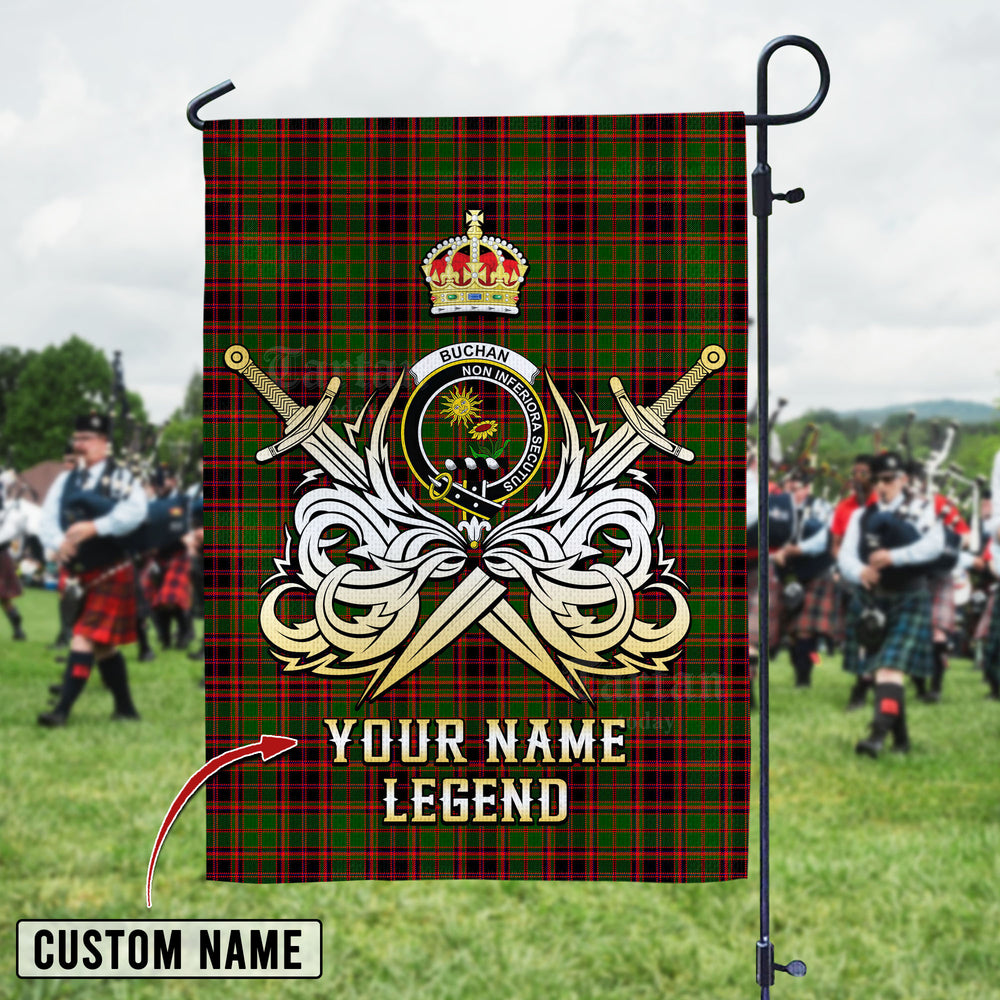 Personalized Custom Name Clan Buchan Modern Tartan Garden Flag with Clan Crest and the Golden Sword of Courageous Legacy RG69 - Buchan Modern Tartan Design, Scottish Heritage Gift