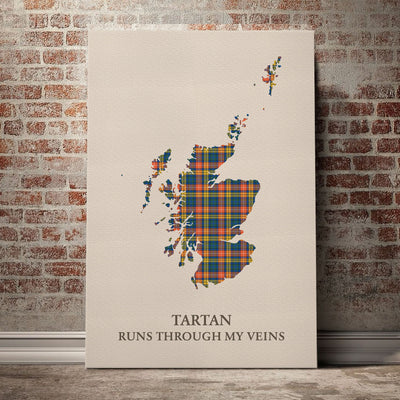 Clan Buchanan Ancient Tartan Scotland Map Canvas “Tartan Runs Through My Veins” Wall Art EZ10