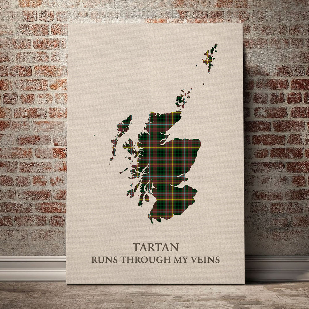 Buchanan Hunting Tartan Scotland Map Canvas – “Tartan Runs Through My Veins” Wall Art