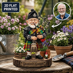 Personalized Buchanan Old Sett Clan Bagpipe Garden Gnome Caricature Plaque Custom Photo, Any Clan Tartan, Wood or Acrylic, Grandpa & Dad Gift, Scottish Highland Garden Decor ZV95