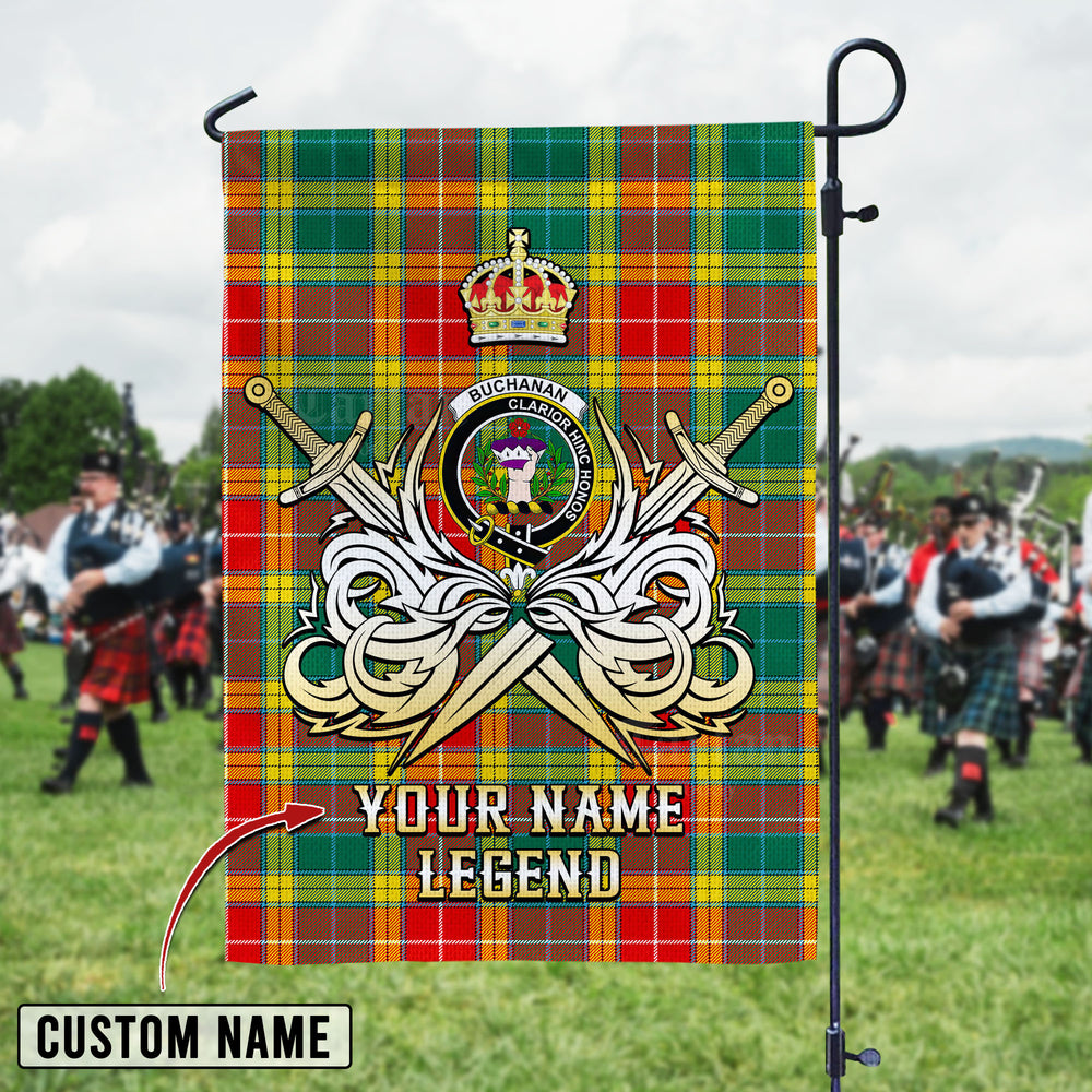 Personalized Custom Name Clan Buchanan Old Sett Tartan Garden Flag with Clan Crest and the Golden Sword of Courageous Legacy RV72 - Buchanan Old Sett Tartan Design, Scottish Heritage Gift