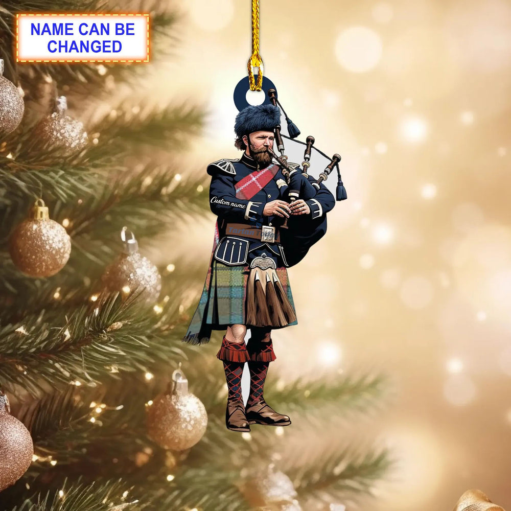 Buchanan Weathered Tartan Bagpipe Ornament with Custom Name