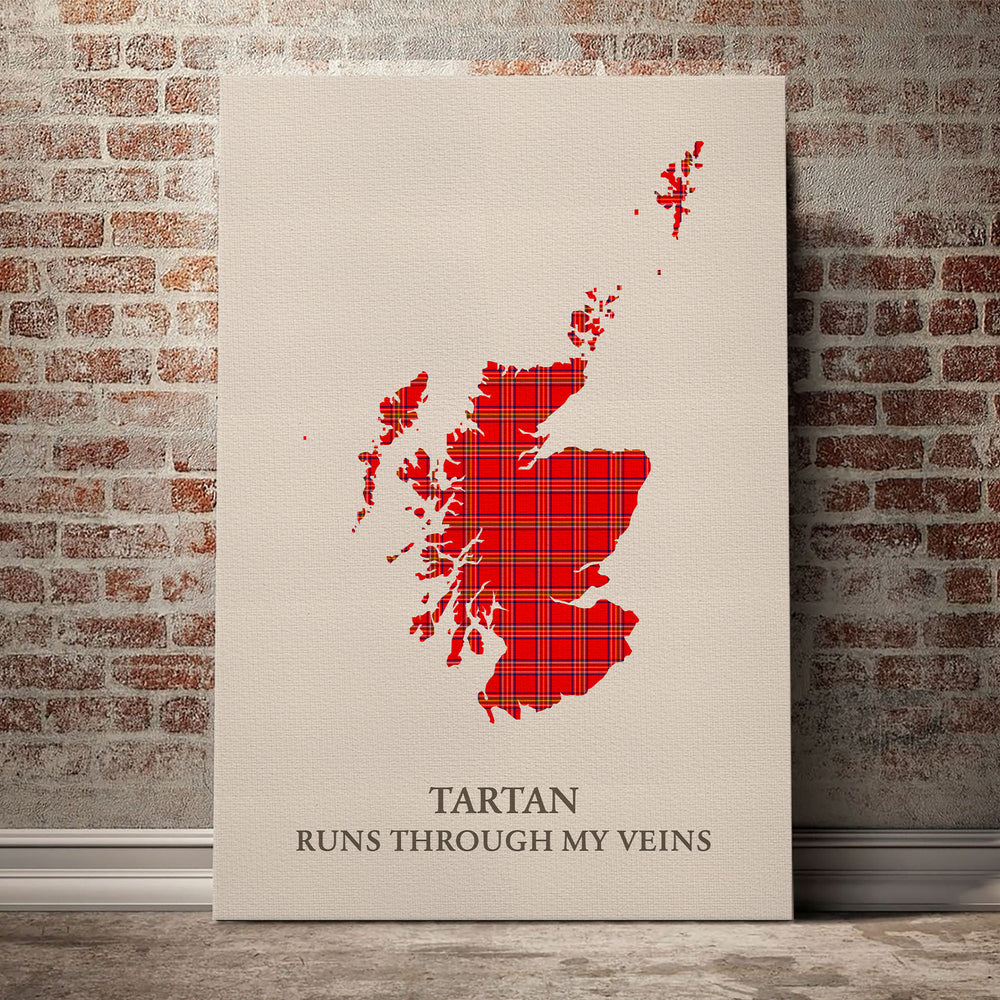 Burnett Modern Tartan Scotland Map Canvas – “Tartan Runs Through My Veins” Wall Art