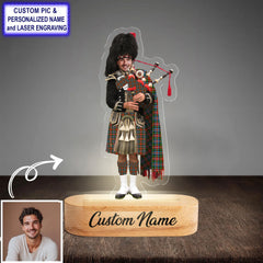 Custom Bagpipe Caledonia Ancient Tartan LED Night Light - Personalized Scottish Bagpiper Figurine with Wooden Stand